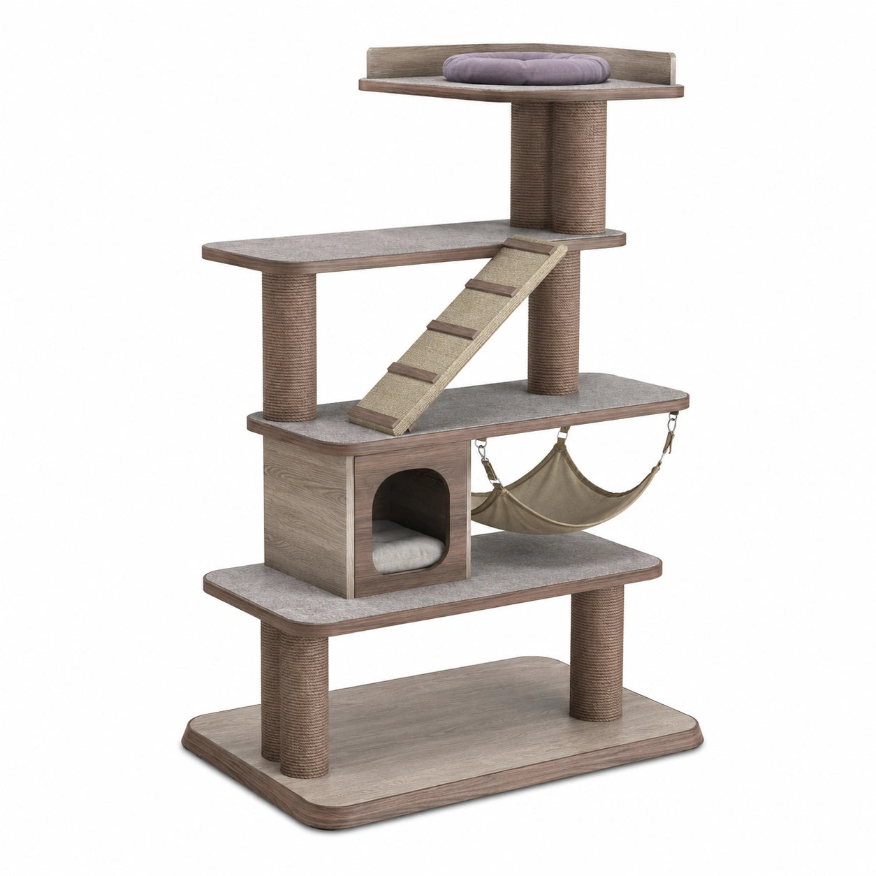 Árbol rascador para gatos con madera, cojines y hamaca
