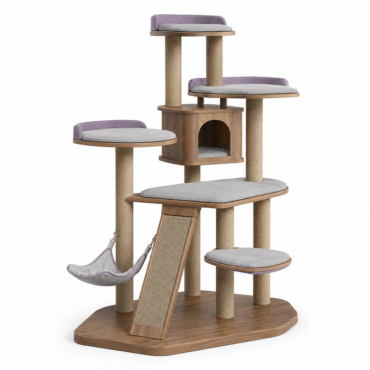 Árbol rascador de madera para gatos con plataformas y hamaca