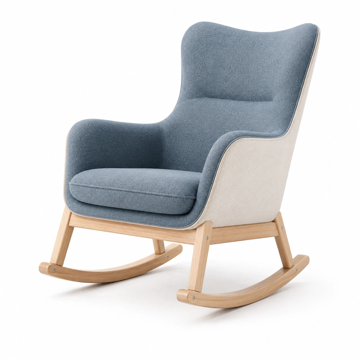 Silla mecedora de madera con tapizado azul y beige