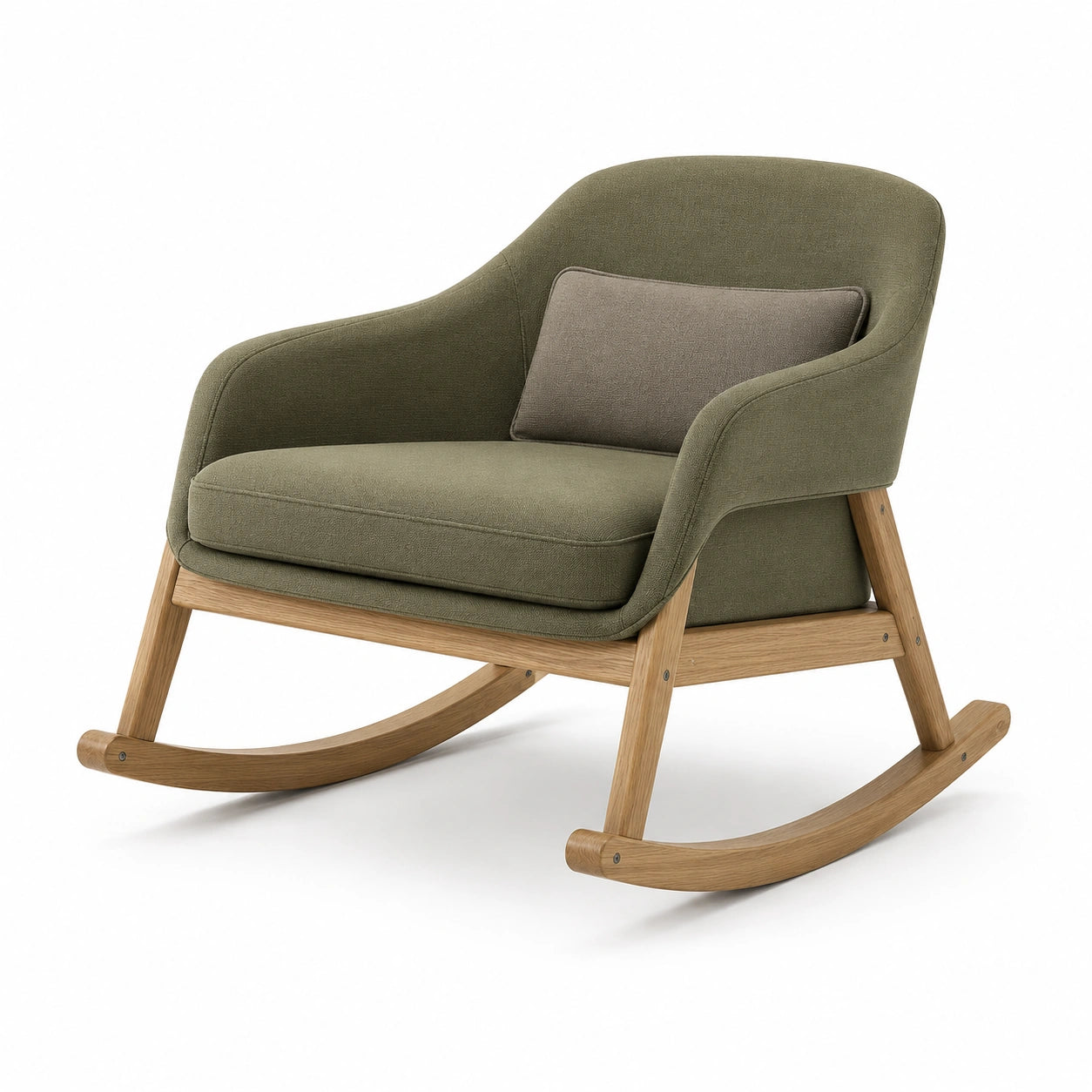 Sillón mecedora de madera y tela verde oliva