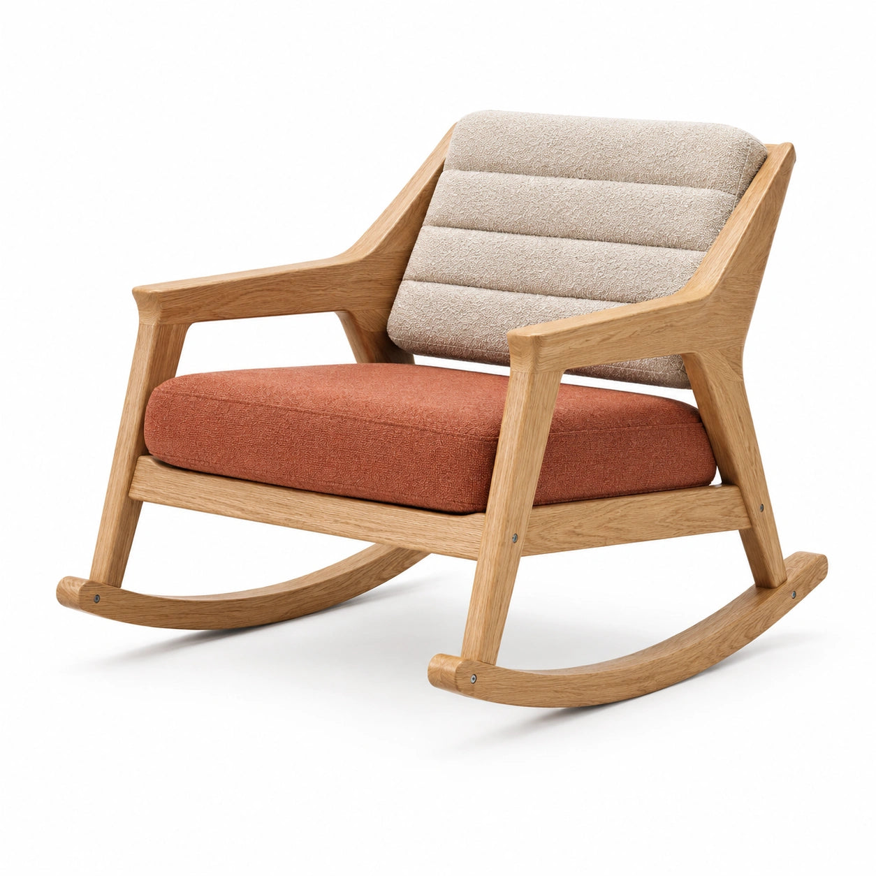 Silla mecedora de madera y poliéster en naranja y beige