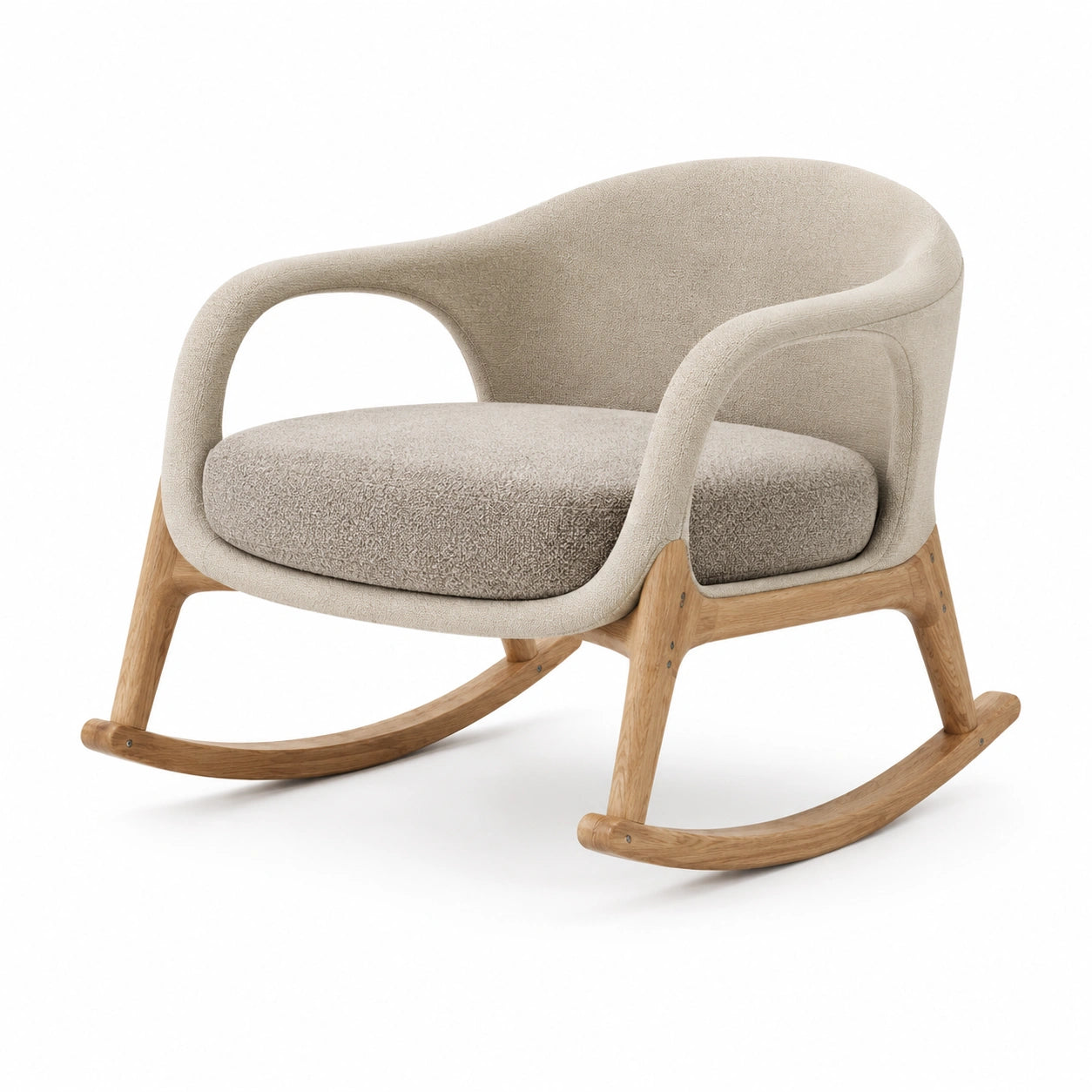 Silla mecedora de roble y bouclé beige