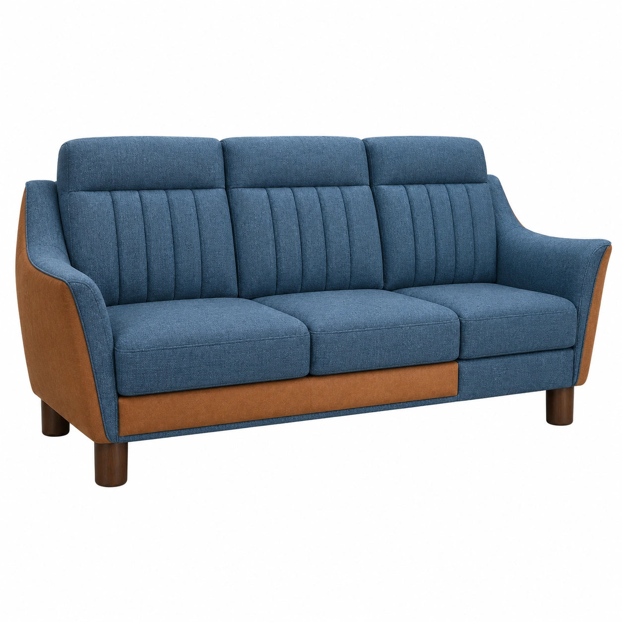 Sofá de tres plazas de poliéster y tela con patas de madera, azul y marrón, 200 cm