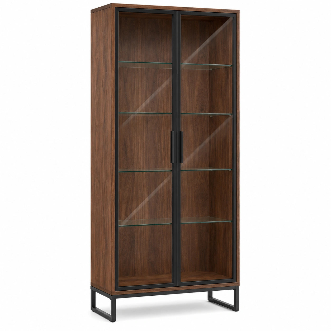 Vitrina de Madera de Nogal con Puertas de Vidrio y Marco Metálico Negro