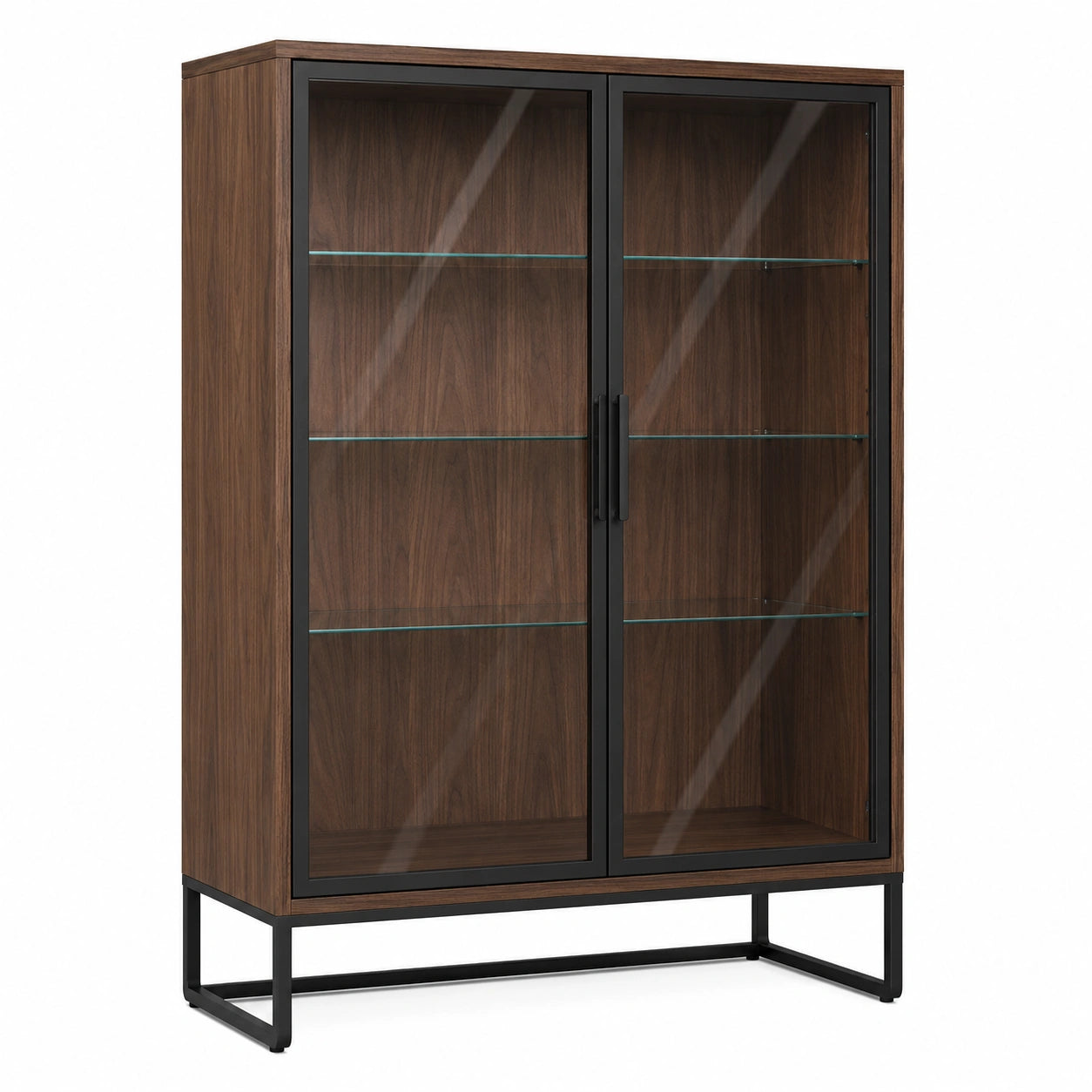 Vitrina de Madera de Nogal con Puertas de Vidrio Templado y Estructura de Metal