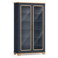 Armario Vitrina de Madera Azul y Roble con Puertas de Vidrio Templado
