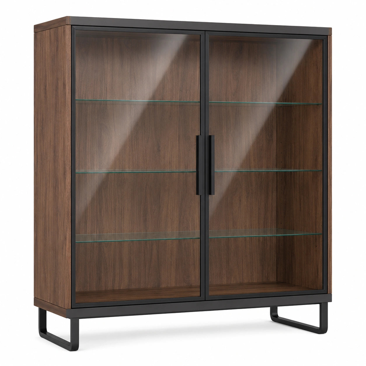 Vitrina de Madera de Nogal y Metal con Estantes de Vidrio