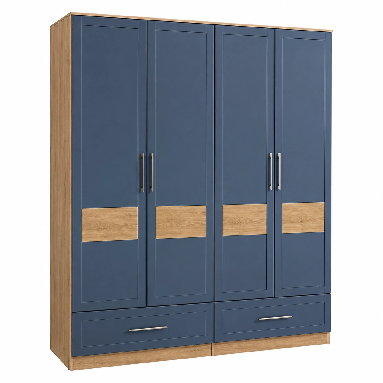 Armario de madera y MDF azul y roble con 4 puertas y 2 cajones