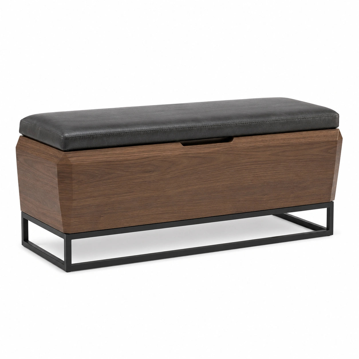 Banco de almacenamiento de madera con asiento de cuero sintético negro