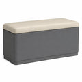 Banco de almacenamiento de metal gris oscuro con asiento de cuero sintético beige
