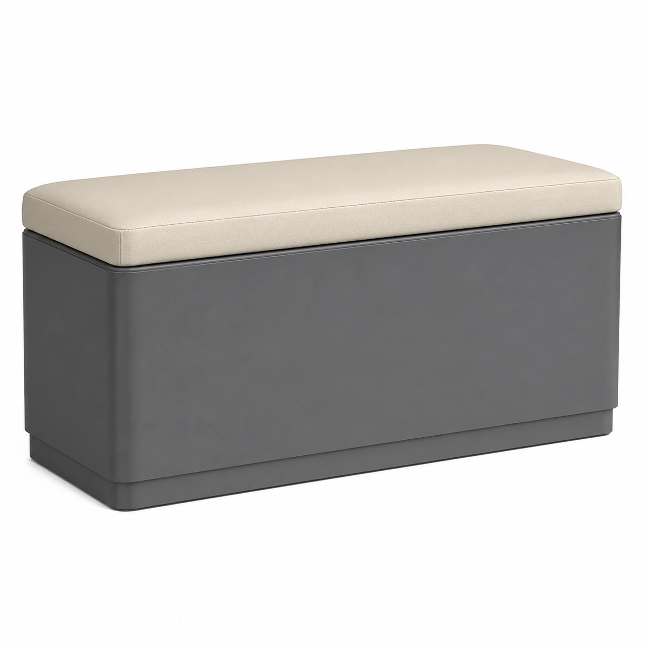 Banco de almacenamiento de metal gris oscuro con asiento de cuero sintético beige