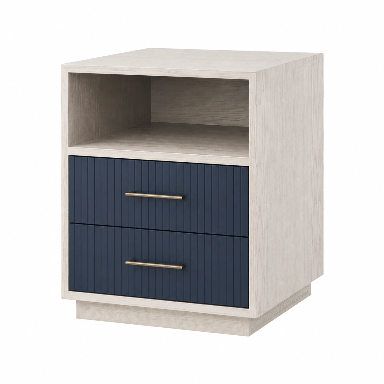 Mesita de noche de madera y MDF blanco y azul marino con cajones