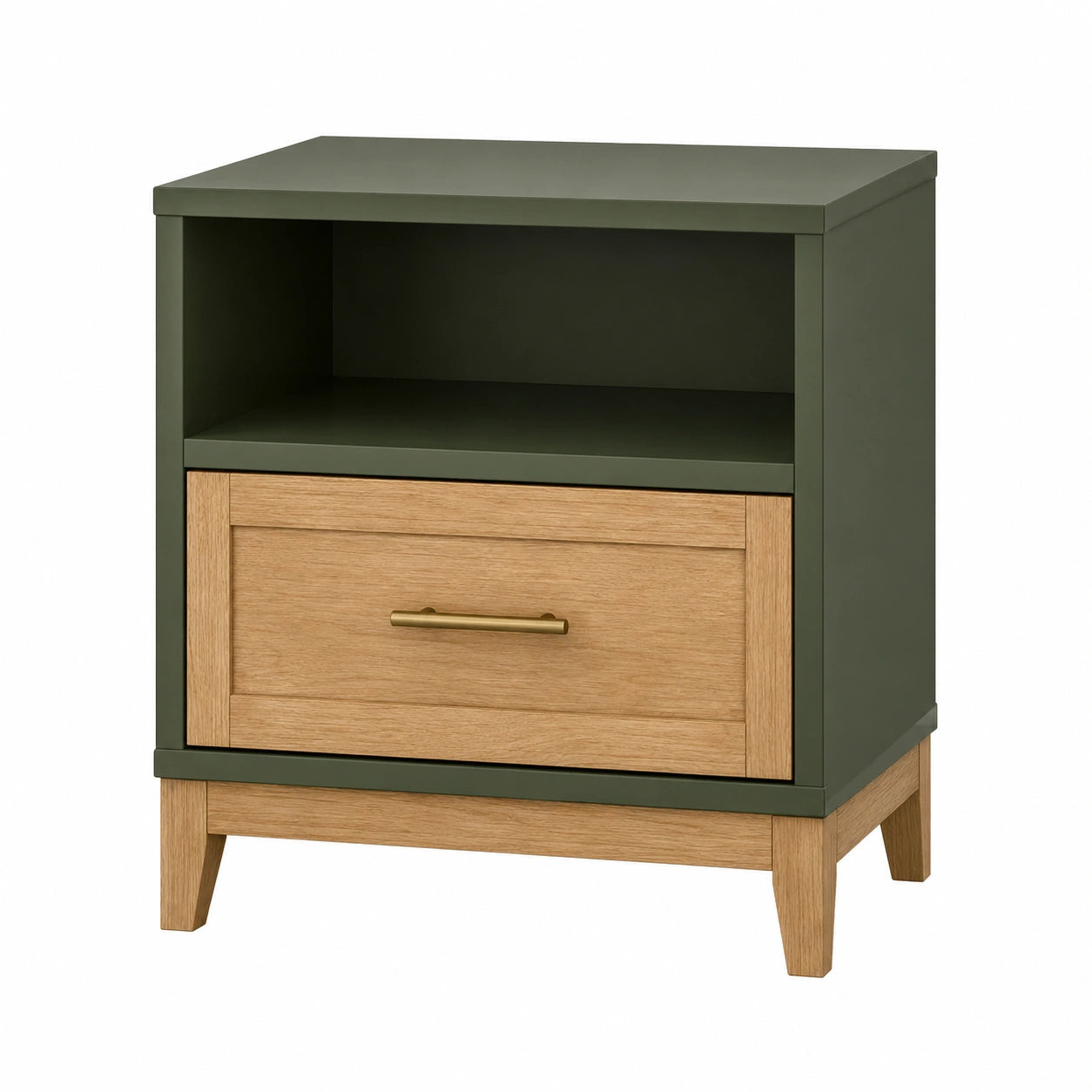 Mesita de noche de madera y metal con cajón verde y roble