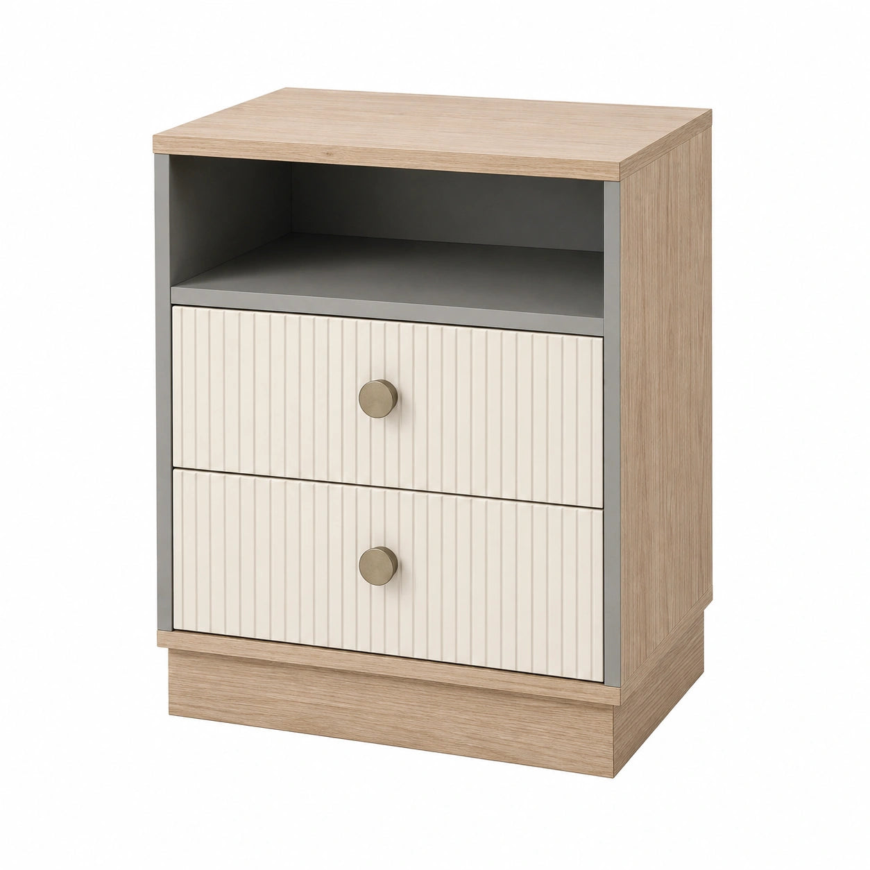 Mesita de Noche de MDF con 2 Cajones Color Roble y Crema