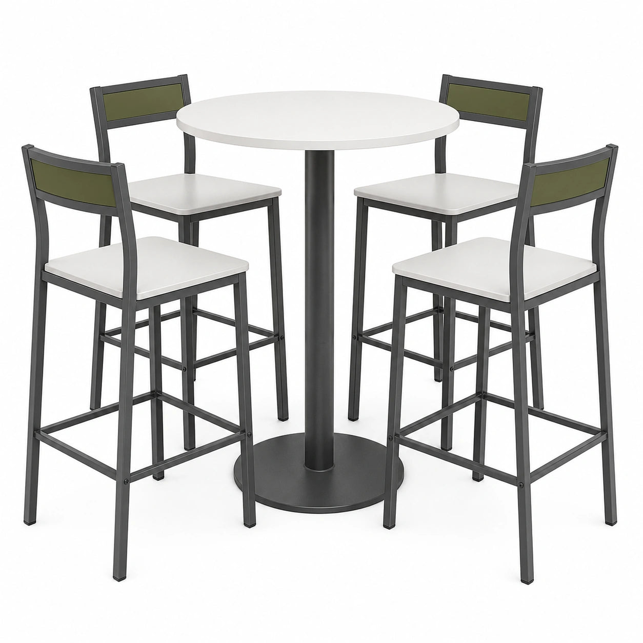 Juego de mesa alta redonda con 4 sillas, estructura de acero, MDF, Blanco/Gris