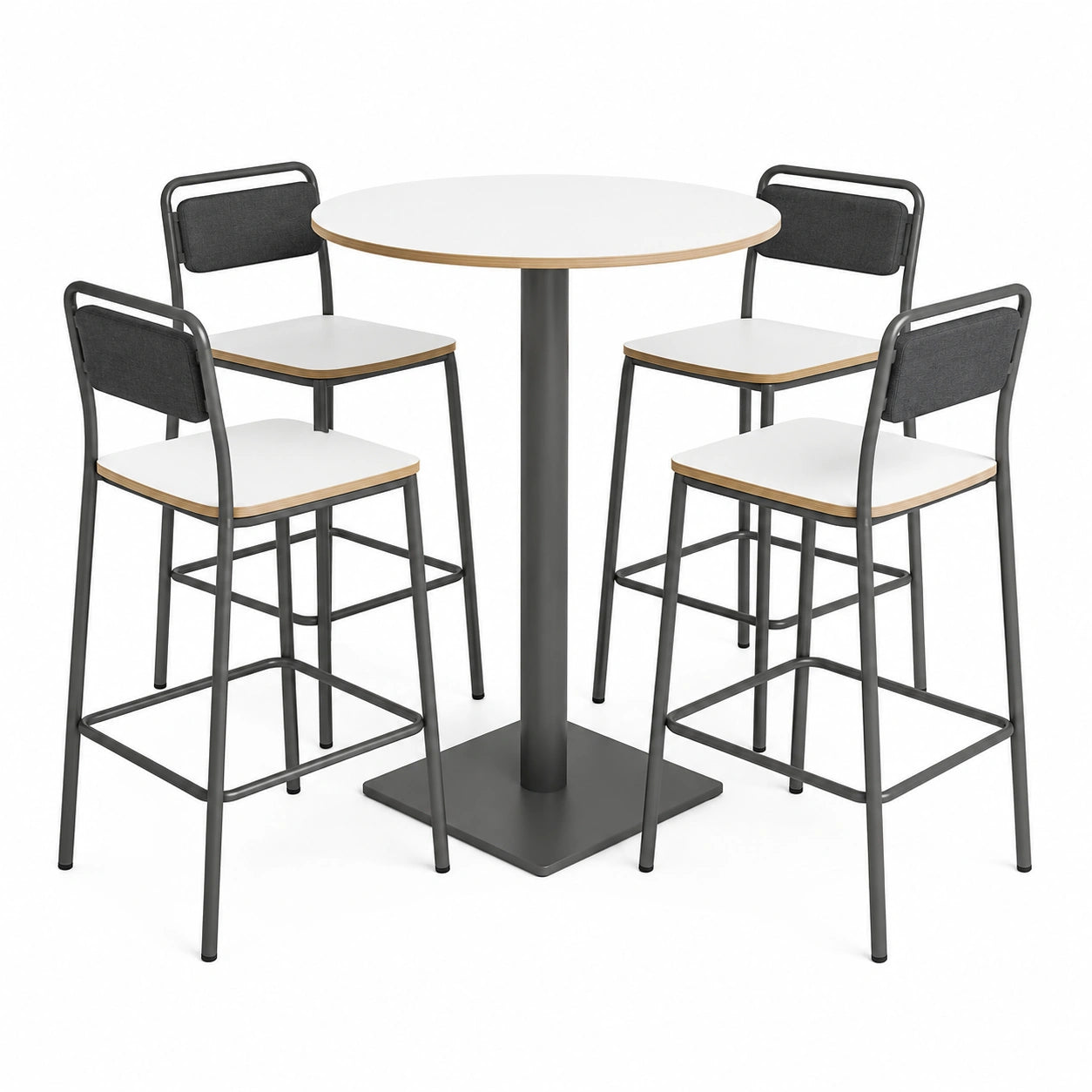 Conjunto Mesa Redonda y 4 Sillas Altas de Acero y Madera, Blanco/Negro