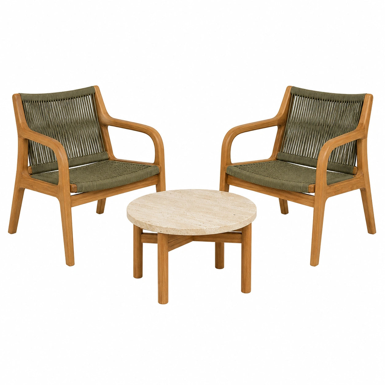 Conjunto de Sillas de Madera de Teca y Mesa Redonda de Piedra Caliza