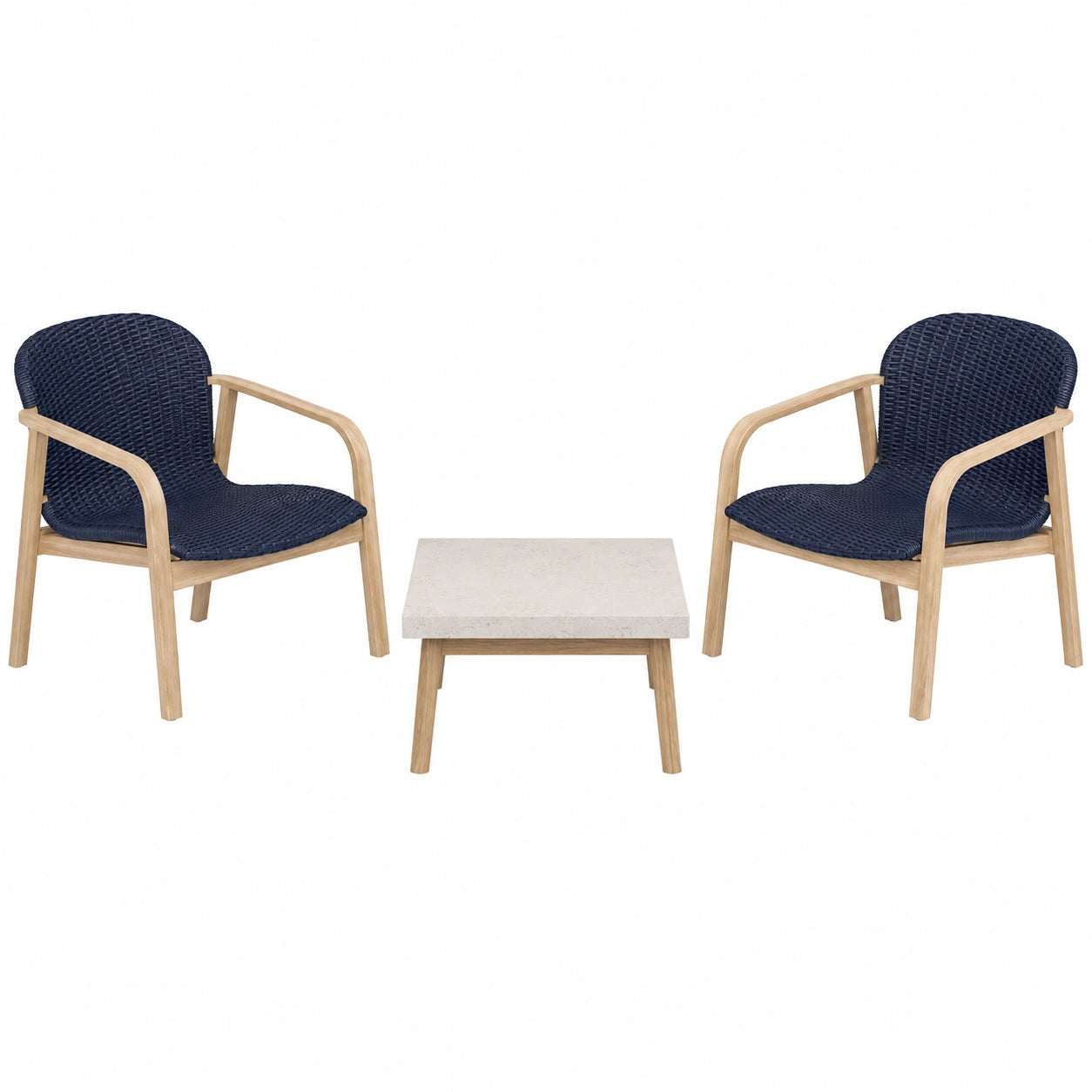 Conjunto de jardín con sillas de ratán azul y mesa de piedra
