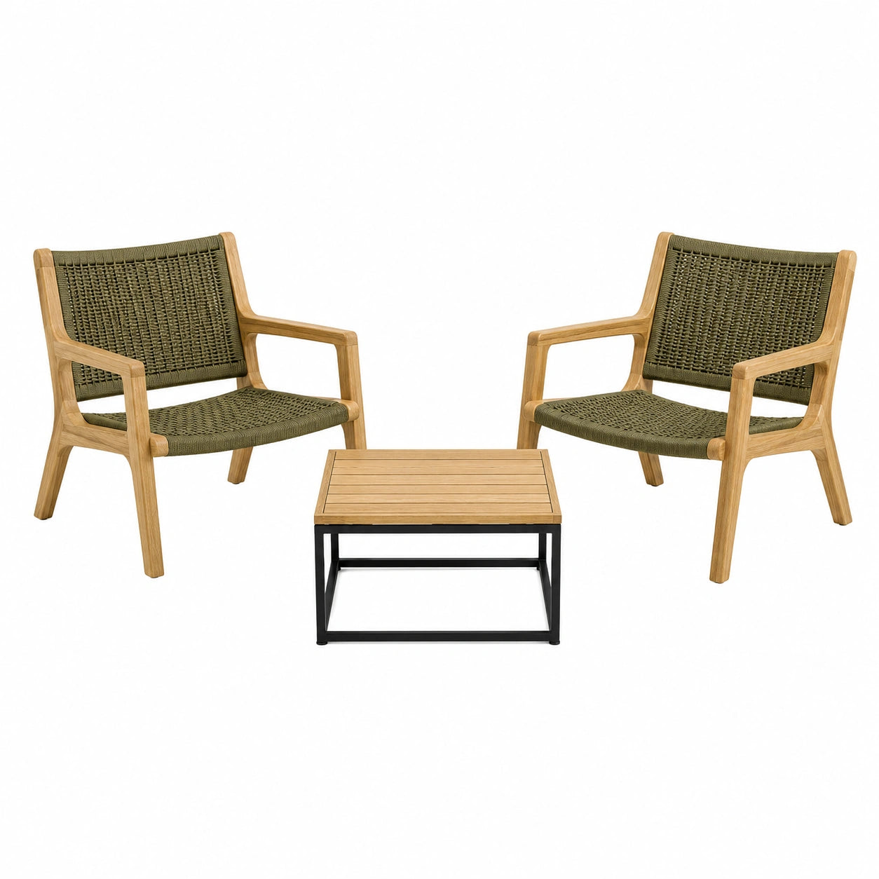Conjunto de sillas de jardín en madera y cuerda verde con mesa de centro de madera y metal