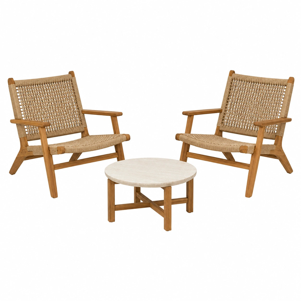 Conjunto de Sillones de Madera de Teca y Mesa Redonda de Mármol