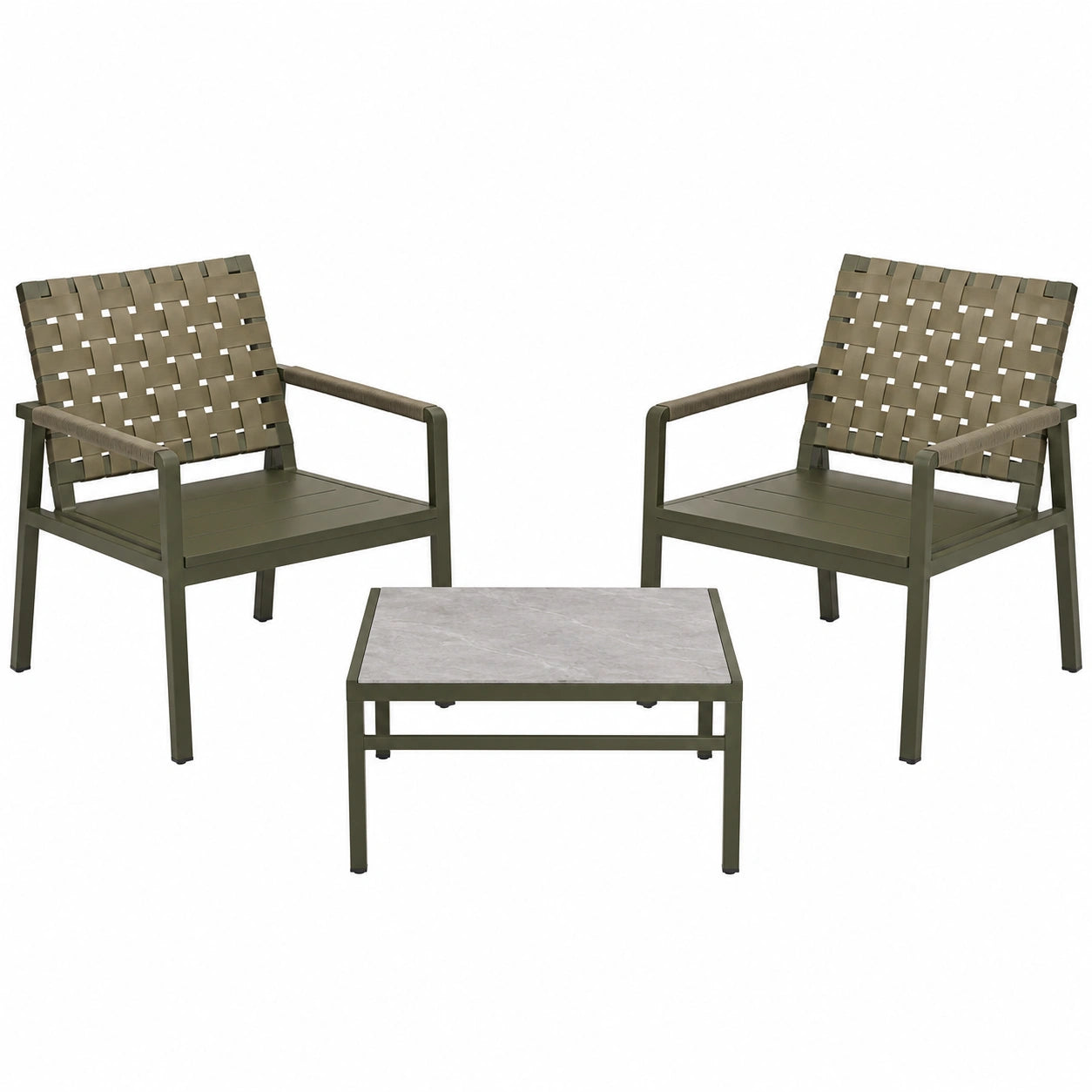 Set de muebles de exterior con 2 sillas de aluminio y mesa con cerámica verde
